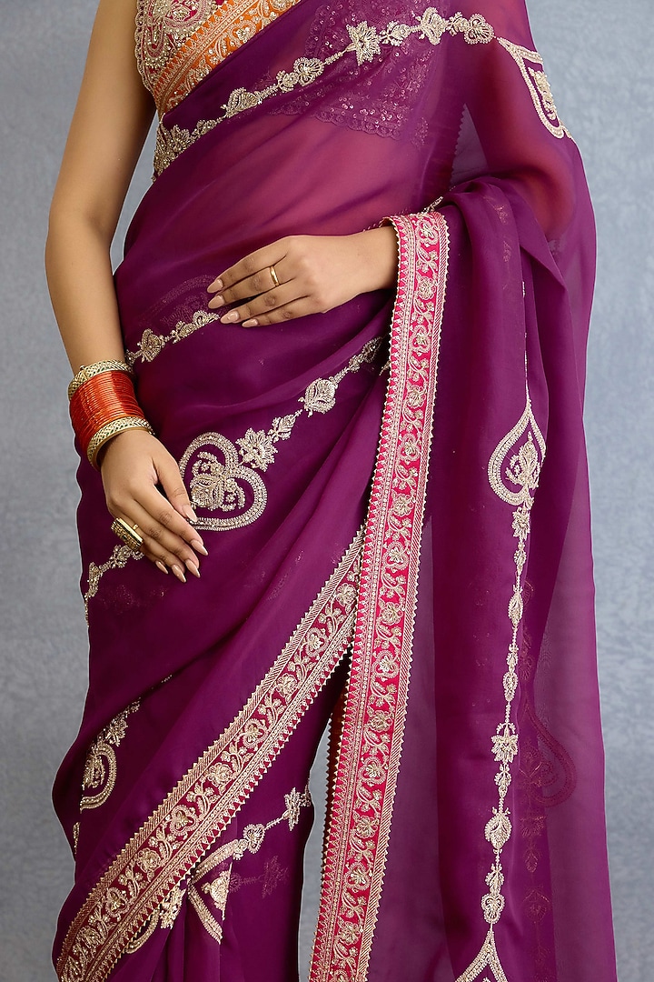 Purple Georgette Dori Embroidered Bridal Saree Set by TORANI at Pernia's Pop Up Shop