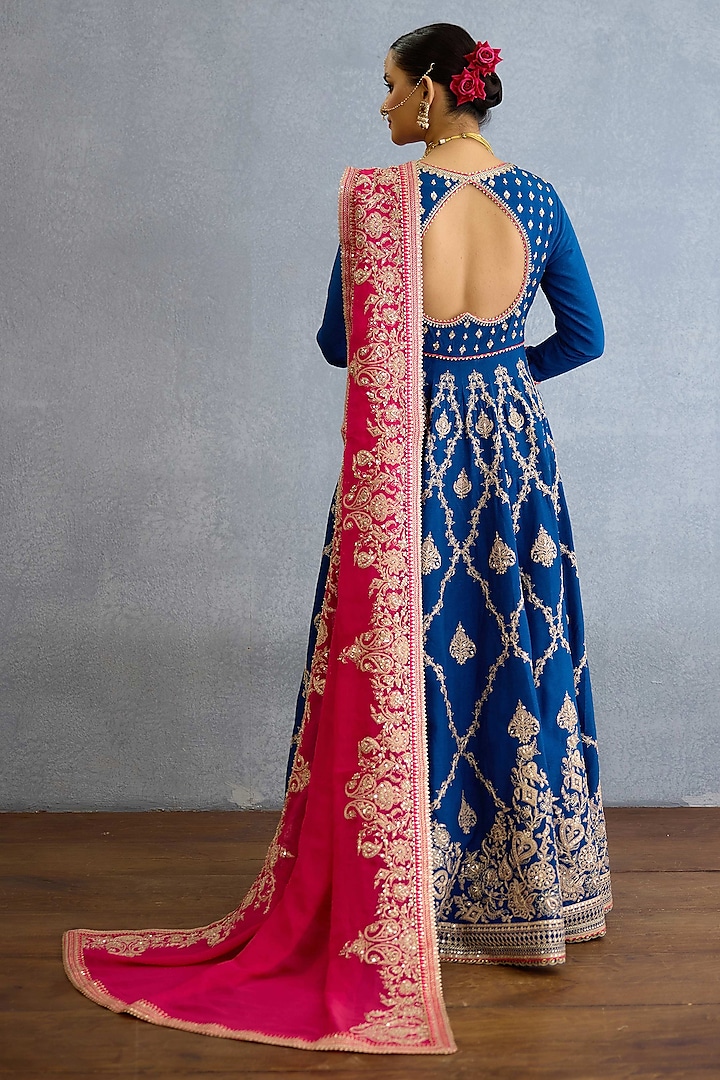 Blue Jeni Silk & Georgette Pearl Embellished Bridal Anarkali Set by TORANI at Pernia's Pop Up Shop