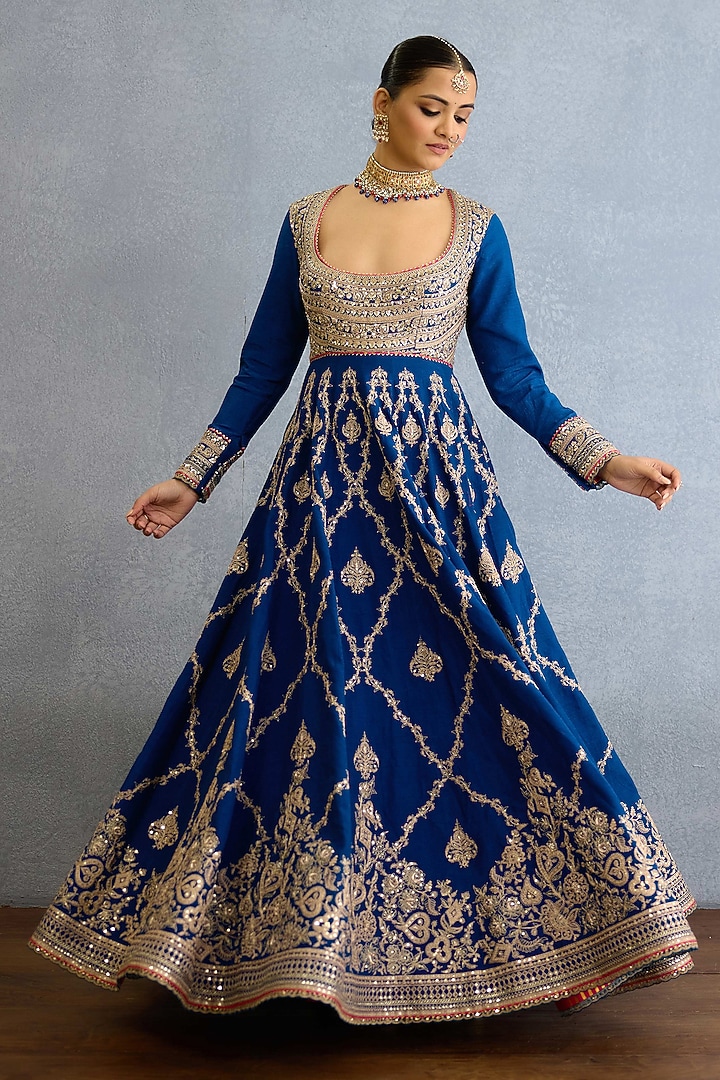 Blue Jeni Silk & Georgette Pearl Embellished Bridal Anarkali Set by TORANI at Pernia's Pop Up Shop