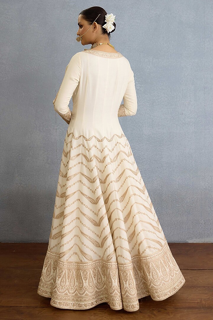 Ivory Muslin Silk Pearl Embellished Bridal Anarkali Set by TORANI at Pernia's Pop Up Shop