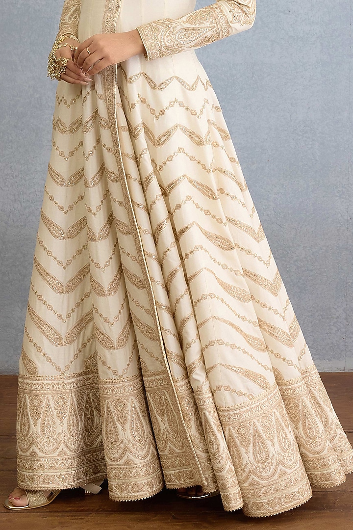 Ivory Muslin Silk Pearl Embellished Bridal Anarkali Set by TORANI at Pernia's Pop Up Shop