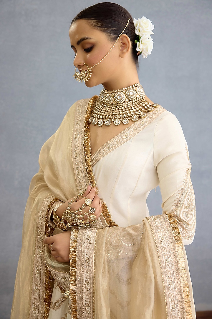 Ivory Muslin Silk Pearl Embellished Bridal Anarkali Set by TORANI at Pernia's Pop Up Shop
