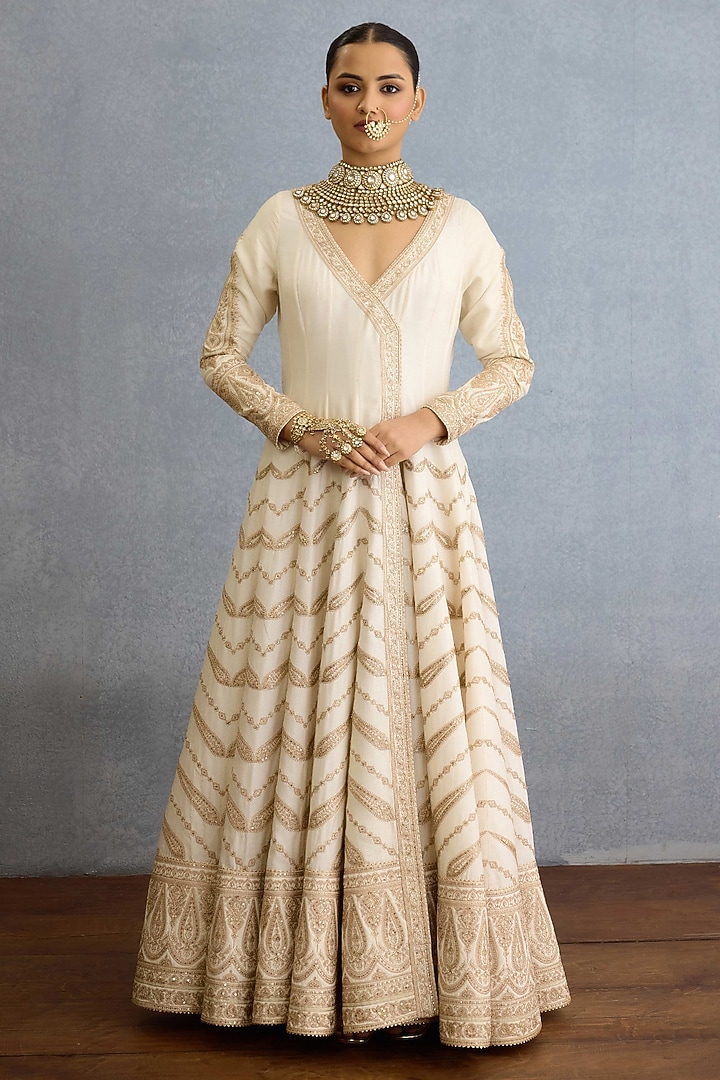 Ivory Muslin Silk Pearl Embellished Bridal Anarkali Set by TORANI at Pernia's Pop Up Shop
