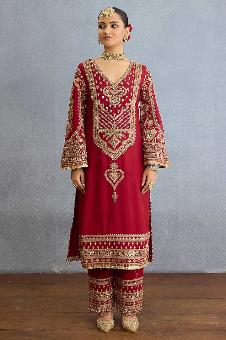 Red Jeni Silk & Chinon Georgette Hand Embroidered Kurta Set by TORANI at Pernia's Pop Up Shop
