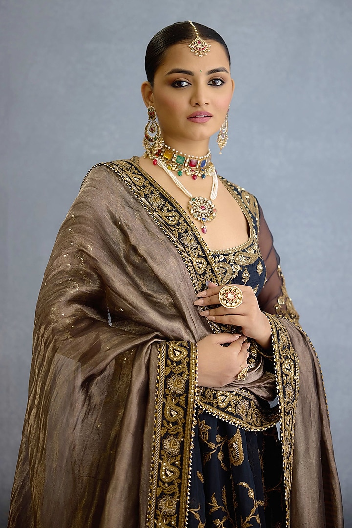 Black Georgette & Muslin Silk Zari Embellished Bridal Anarkali Set by TORANI at Pernia's Pop Up Shop