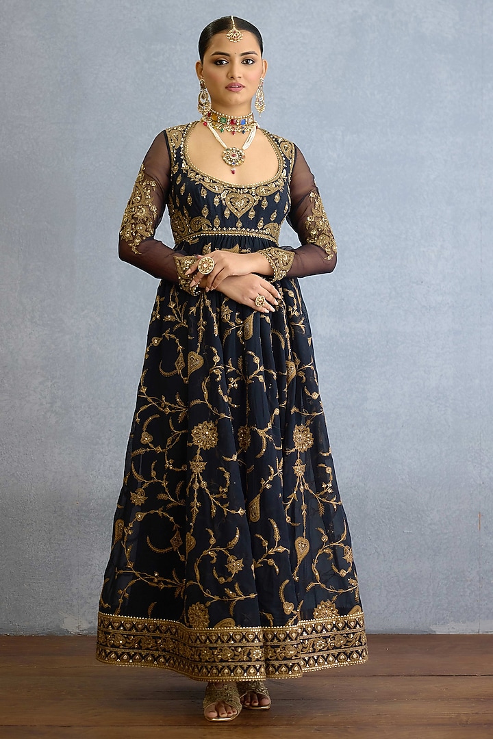 Black Georgette & Muslin Silk Zari Embellished Bridal Anarkali Set by TORANI at Pernia's Pop Up Shop
