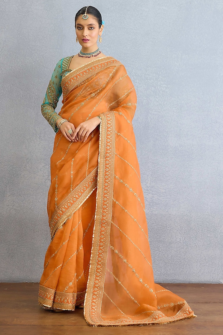 Orange Organza Dori Embroidered Bridal Saree Set by TORANI at Pernia's Pop Up Shop
