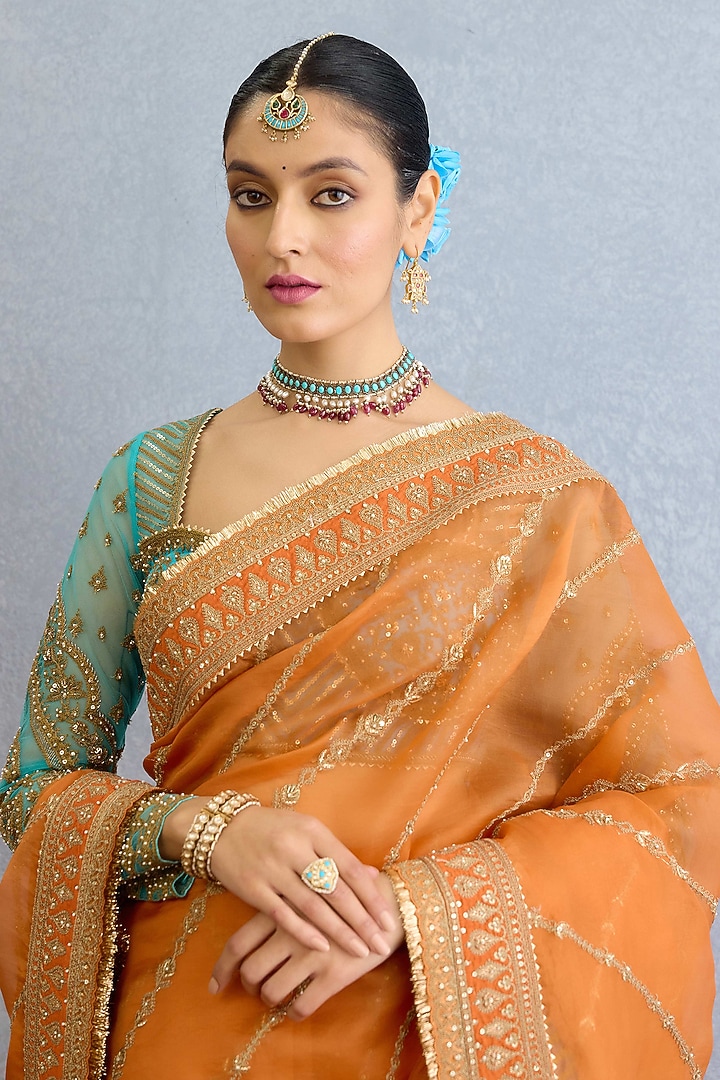 Orange Organza Dori Embroidered Reception Saree Set by TORANI at Pernia's Pop Up Shop