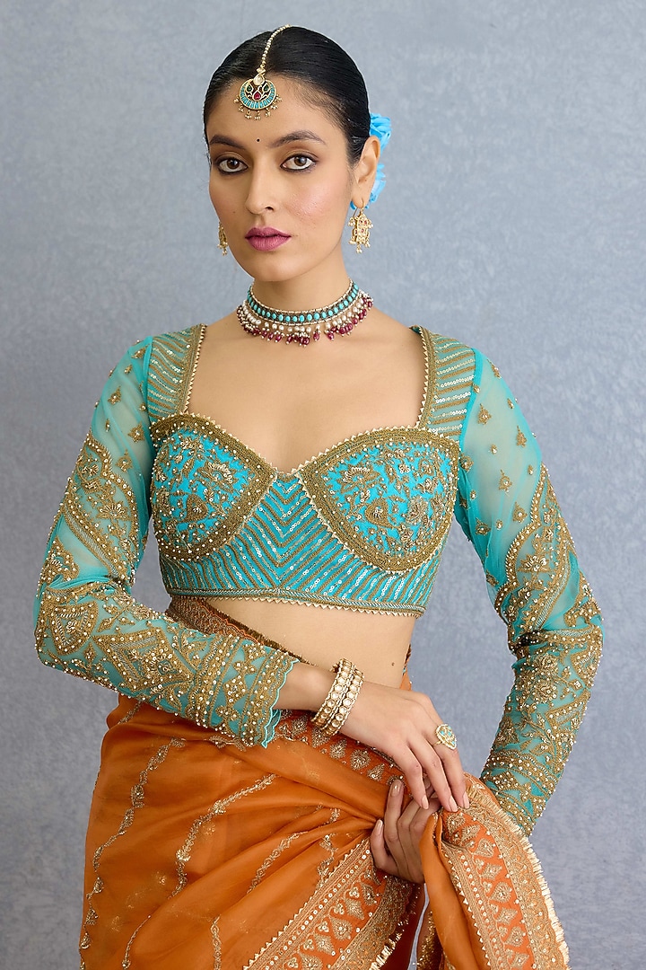 Orange Organza Dori Embroidered Reception Saree Set by TORANI at Pernia's Pop Up Shop