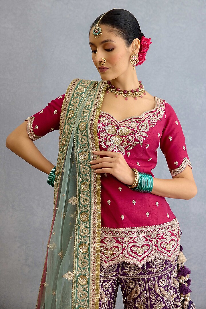 Pink Jeni Silk & Butterfly Net Dori Embellished Kurta Set by TORANI at Pernia's Pop Up Shop