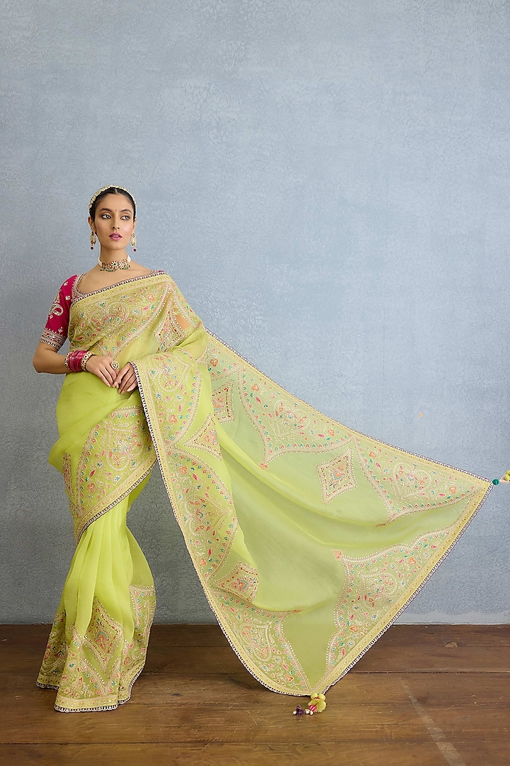 Green Pure Organza Thread Work Saree Set by TORANI at Pernia's Pop Up Shop