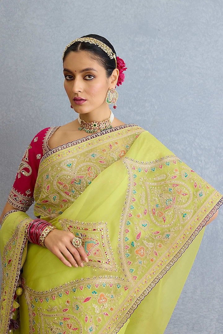 Green Pure Organza Thread Work Bridal Saree Set by TORANI at Pernia's Pop Up Shop