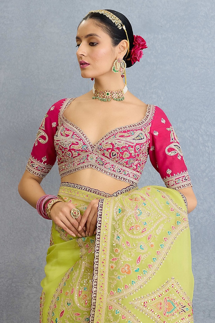 Green Pure Organza Thread Work Bridal Saree Set by TORANI at Pernia's Pop Up Shop