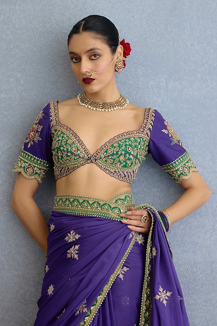 Purple Chinon Georgette Dori Embroidered Bridal Saree Set by TORANI at Pernia's Pop Up Shop