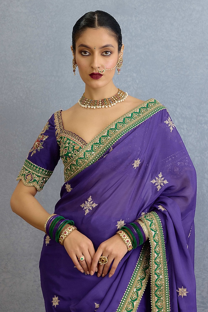 Purple Chinon Georgette Dori Embroidered Bridal Saree Set by TORANI at Pernia's Pop Up Shop