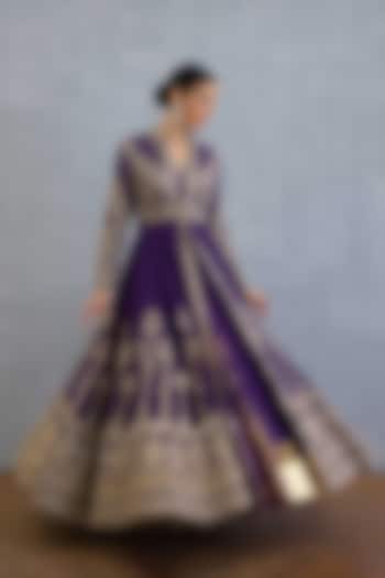 Purple Muslin Silk Zari Embroidered Jacket Party Wear Dress by TORANI at Pernia's Pop Up Shop