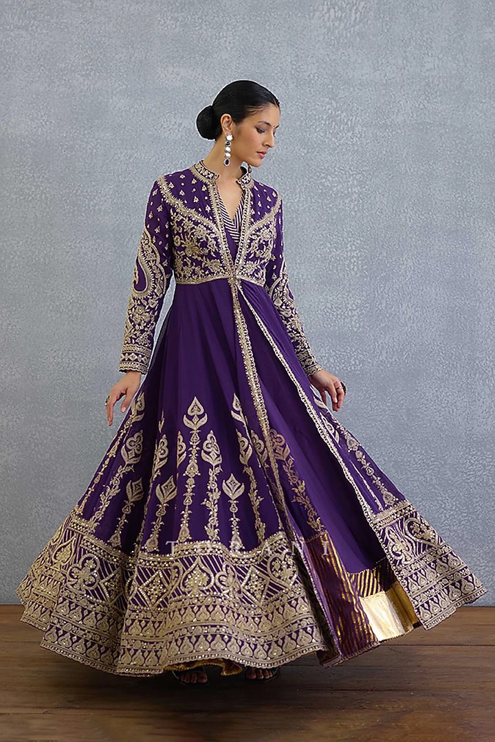 Purple Muslin Silk Zari Embroidered Jacket Party Wear Dress by TORANI at Pernia's Pop Up Shop