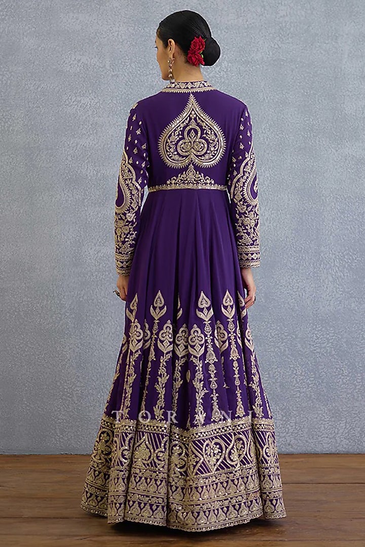 Purple Muslin Silk Zari Embroidered Jacket Party Wear Dress by TORANI at Pernia's Pop Up Shop