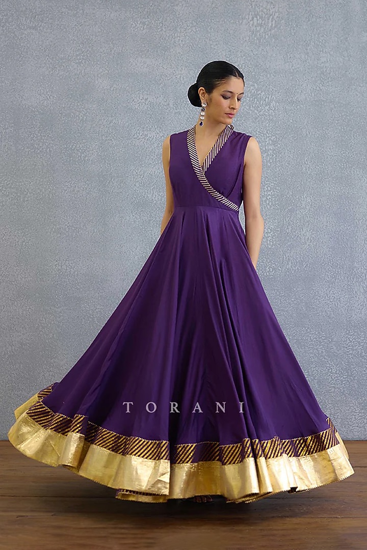 Purple Muslin Silk Zari Embroidered Jacket Party Wear Dress by TORANI at Pernia's Pop Up Shop