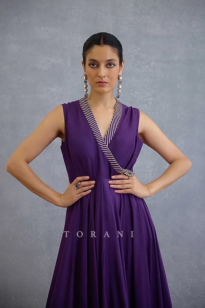 Purple Muslin Silk Zari Embroidered Jacket Party Wear Dress by TORANI at Pernia's Pop Up Shop