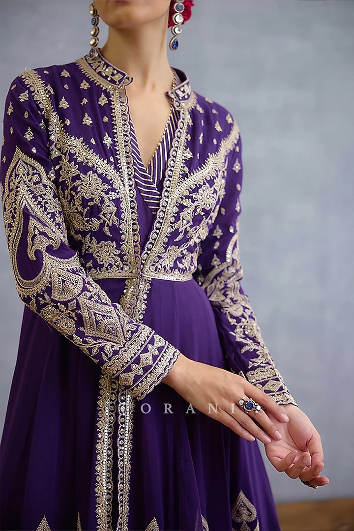 Purple Muslin Silk Zari Embroidered Jacket Party Wear Dress by TORANI at Pernia's Pop Up Shop