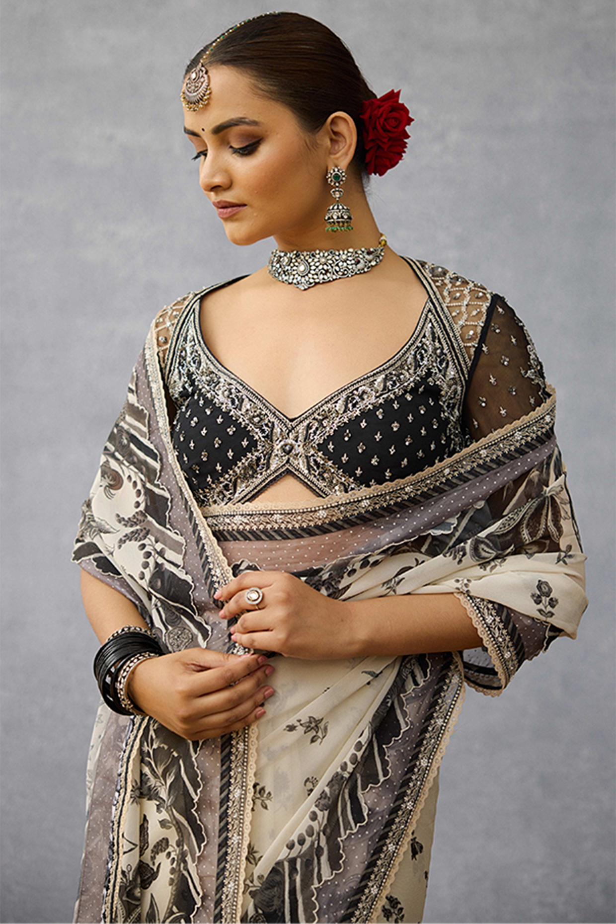 Black Butterfly Net Hand Embroidered Blouse by TORANI at Pernia's Pop Up Shop