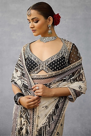 Black Butterfly Net Hand Embroidered Blouse by TORANI