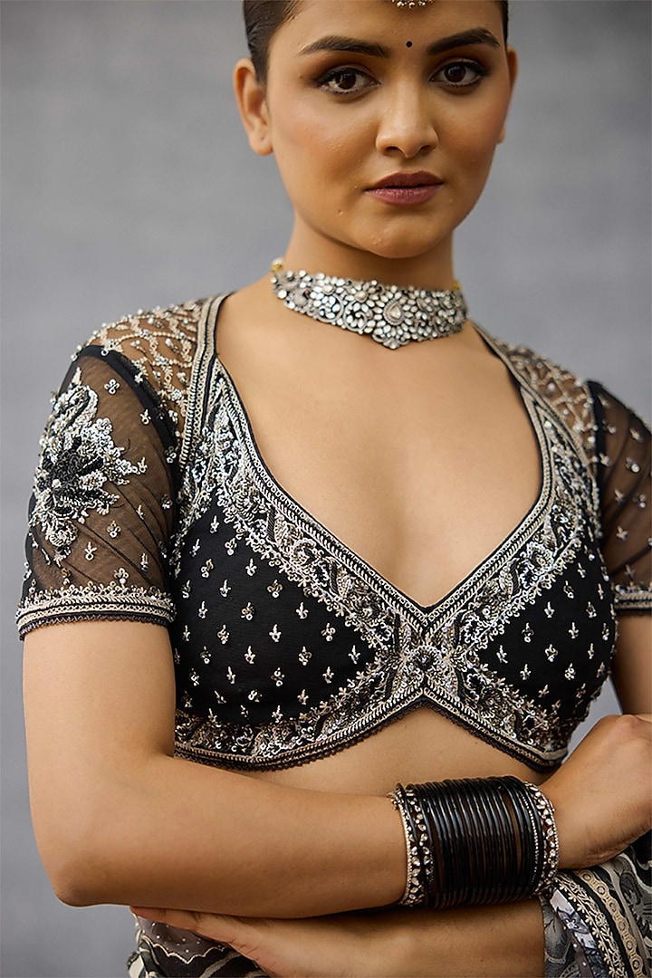 Black Butterfly Net Hand Embroidered Blouse by TORANI at Pernia's Pop Up Shop