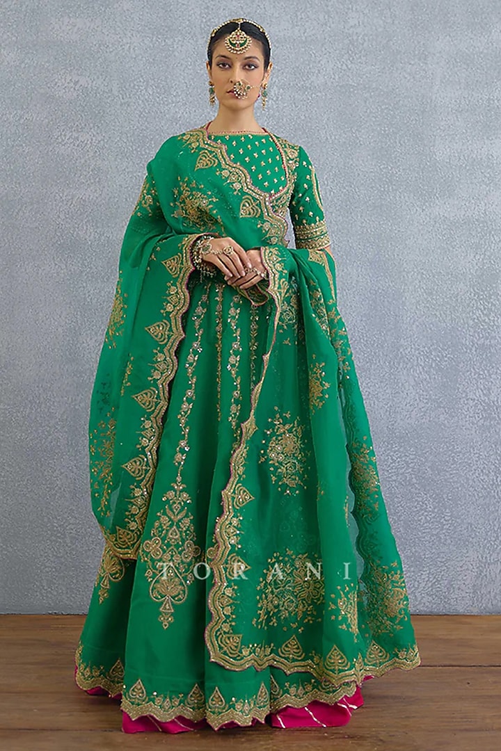 Green Jeni Silk Embroidered Bridal Lehenga Set by TORANI at Pernia's Pop Up Shop