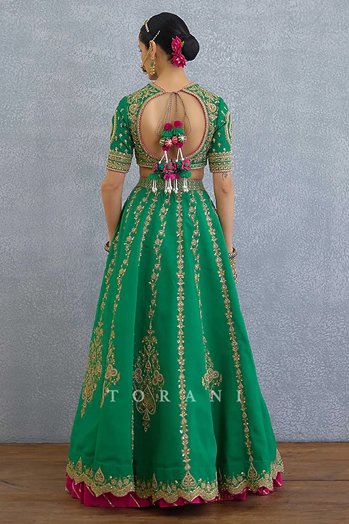 Green Jeni Silk Embroidered Bridal Lehenga Set by TORANI at Pernia's Pop Up Shop