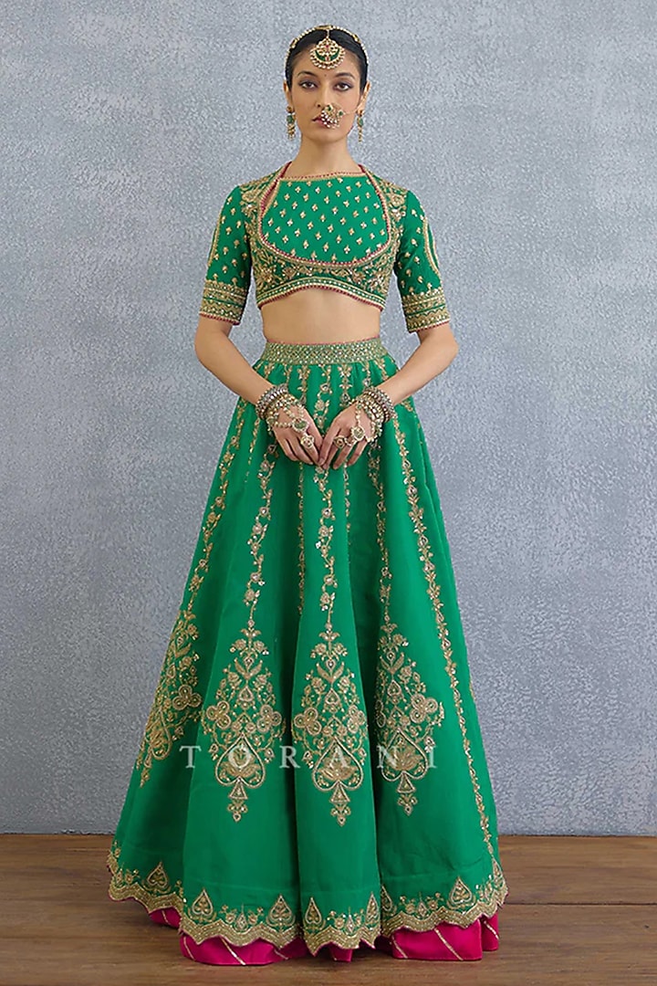 Green Jeni Silk Embroidered Bridal Lehenga Set by TORANI at Pernia's Pop Up Shop