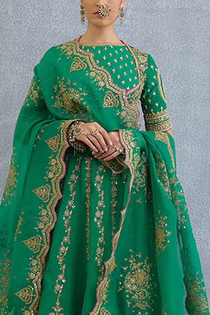 Green Jeni Silk Embroidered Bridal Lehenga Set by TORANI at Pernia's Pop Up Shop