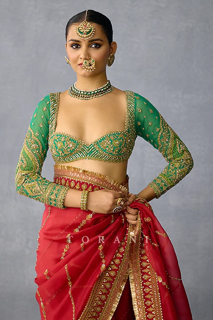 Green Jeni Silk Dori Embroidered Blouse by TORANI at Pernia's Pop Up Shop