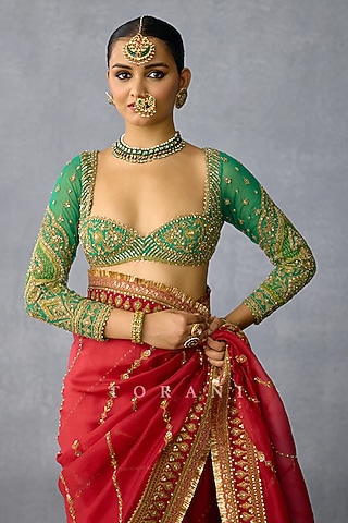 Green Jeni Silk Dori Embroidered Blouse by TORANI
