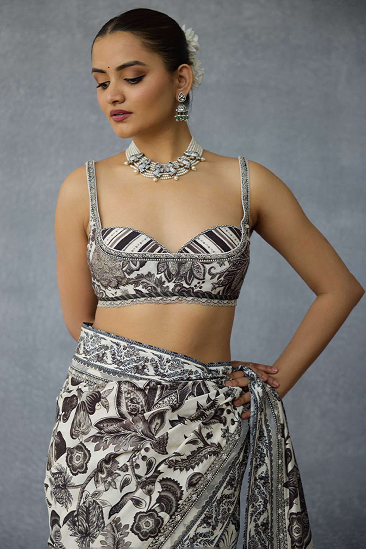 Black & White Handwoven Chanderi Digital Printed Bralette by TORANI at Pernia's Pop Up Shop