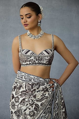Black & White Handwoven Chanderi Digital Printed Bralette by TORANI