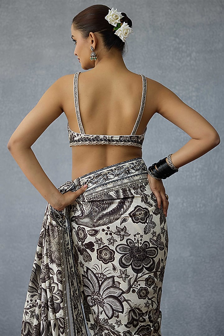 Black & White Handwoven Chanderi Digital Printed Bralette by TORANI at Pernia's Pop Up Shop