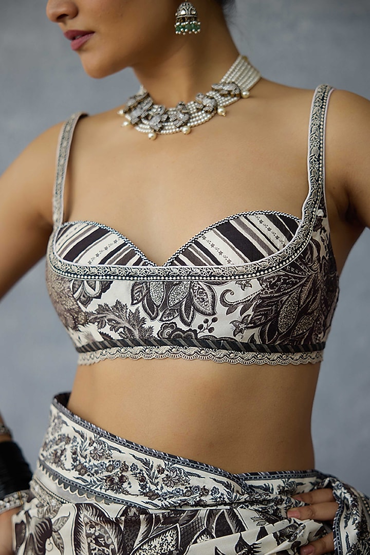 Black & White Handwoven Chanderi Digital Printed Bralette by TORANI at Pernia's Pop Up Shop