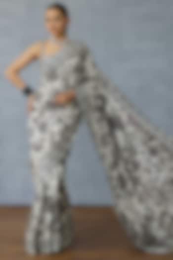 Black & White Handwoven Chanderi Handwork & Digital Printed Wedding Saree by TORANI at Pernia's Pop Up Shop