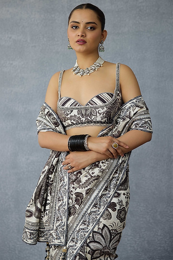 Black & White Handwoven Chanderi Handwork & Digital Printed Wedding Saree by TORANI at Pernia's Pop Up Shop