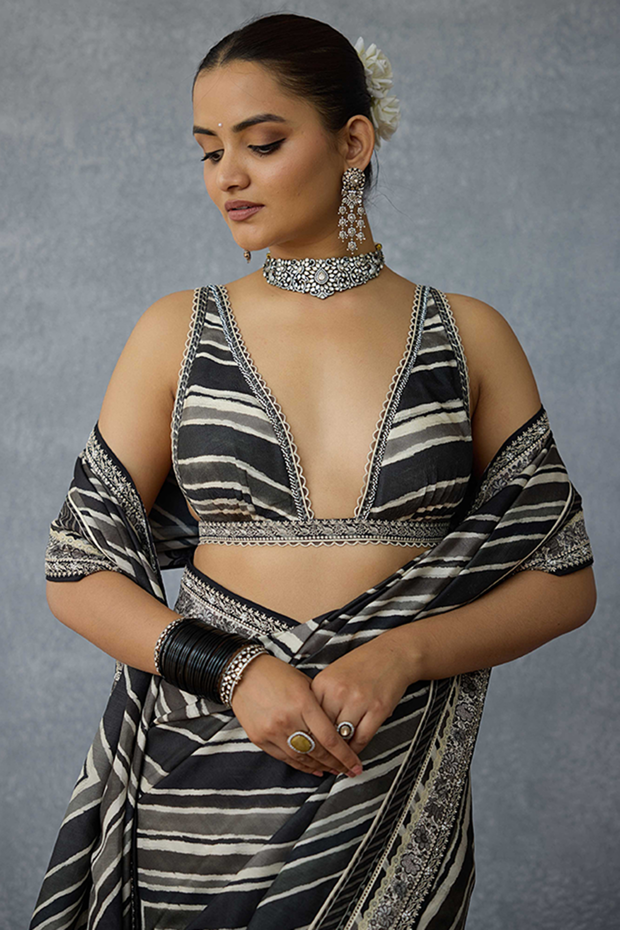 Black & White Handwoven Chanderi Digital Printed Blouse by TORANI at Pernia's Pop Up Shop