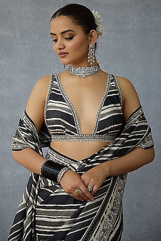 Black & White Handwoven Chanderi Digital Printed Blouse by TORANI