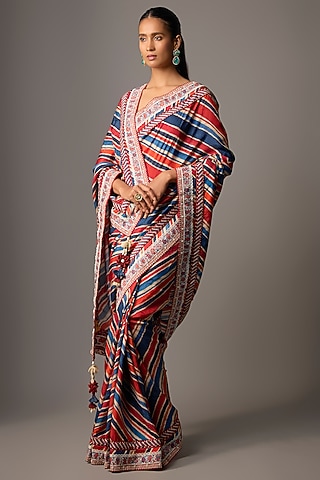 Multi-Colored Silk Digital Stripe Printed Saree by TORANI
