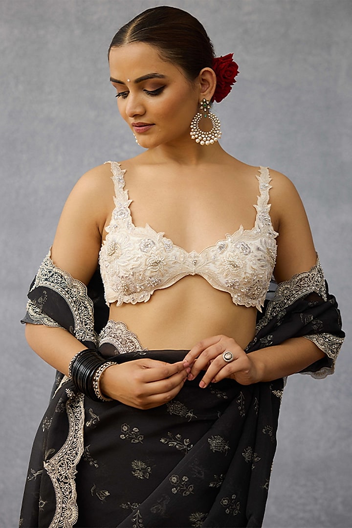 Ivory Butterfly Net Cutwork Embroidered Blouse by TORANI at Pernia's Pop Up Shop