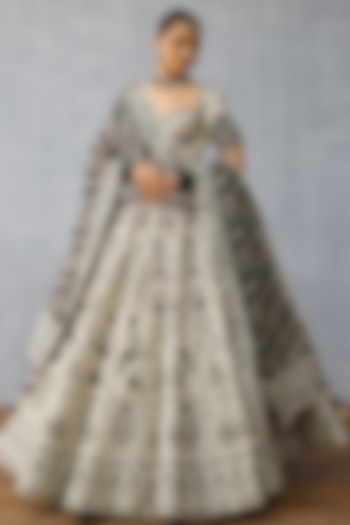 Black & White Jeni Silk & Silk Crepe Organza Digital Printed Wedding Lehenga Set by TORANI at Pernia's Pop Up Shop
