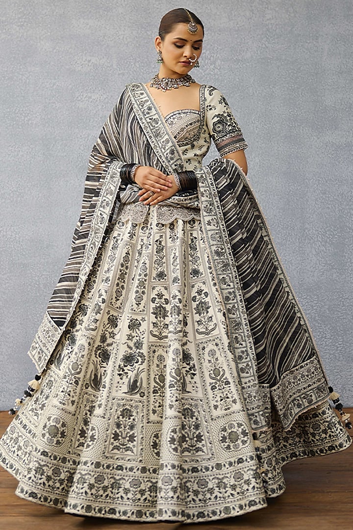 Black & White Jeni Silk & Silk Crepe Organza Digital Printed Wedding Lehenga Set by TORANI at Pernia's Pop Up Shop