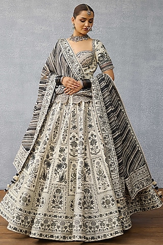 Black & White Jeni Silk & Silk Crepe Organza Digital Printed Lehenga Set by TORANI