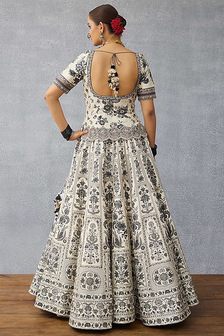 Black & White Jeni Silk & Silk Crepe Organza Digital Printed Wedding Lehenga Set by TORANI at Pernia's Pop Up Shop