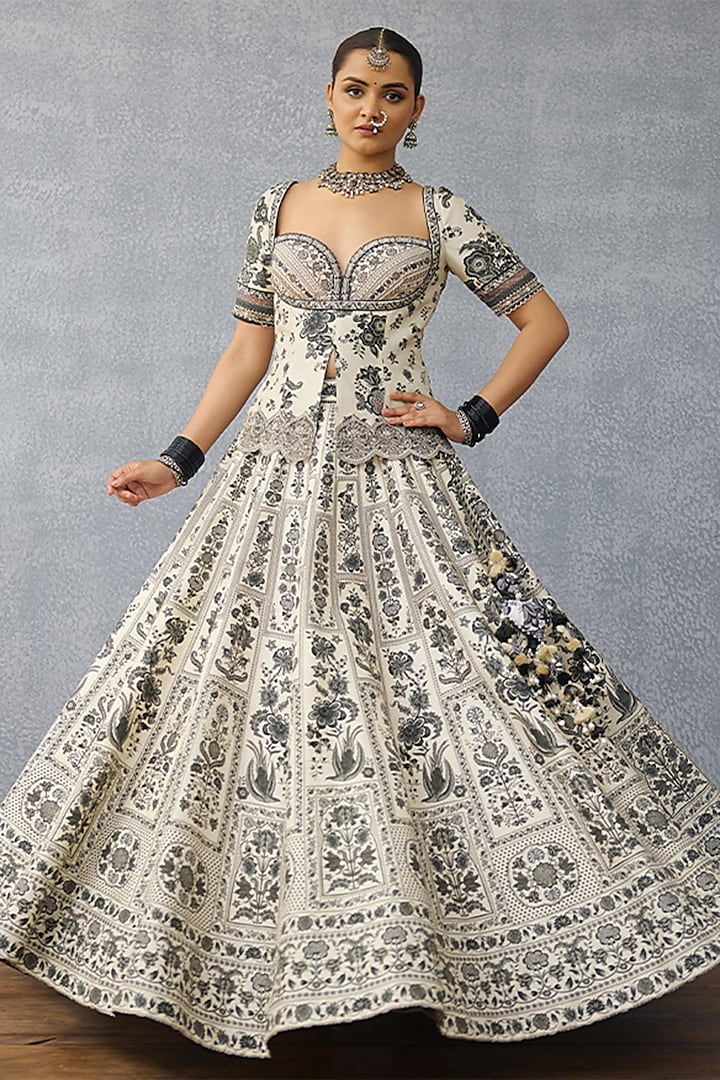 Black & White Jeni Silk & Silk Crepe Organza Digital Printed Wedding Lehenga Set by TORANI at Pernia's Pop Up Shop