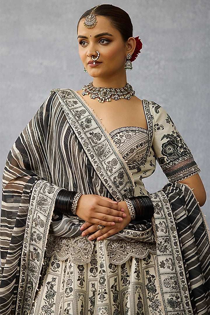 Black & White Jeni Silk & Silk Crepe Organza Digital Printed Wedding Lehenga Set by TORANI at Pernia's Pop Up Shop